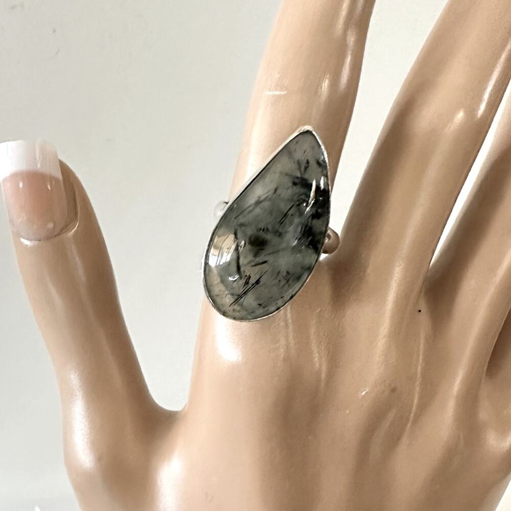 Black rutilated quartz gemstone‎ ring stamp 925 silver overlay size adjustable